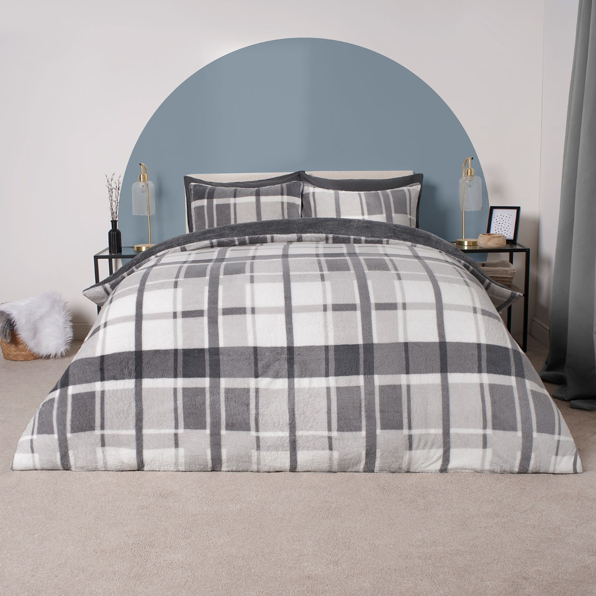 OHS Check Teddy Duvet Set - Charcoal>