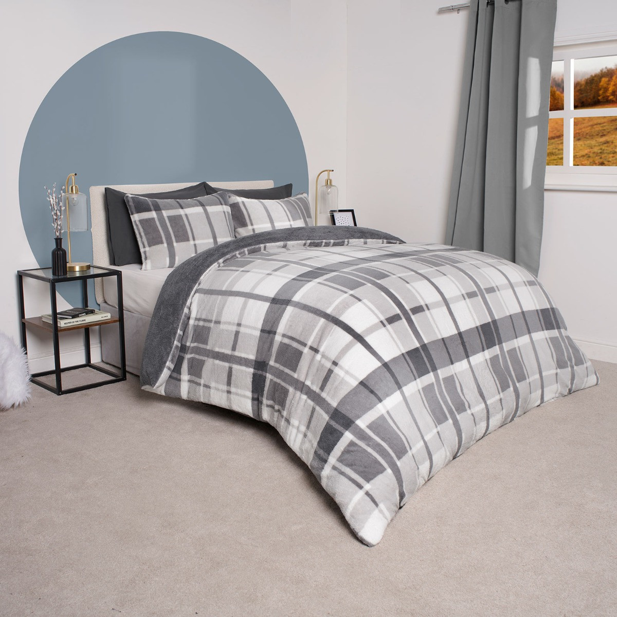 OHS Check Teddy Duvet Set - Charcoal>