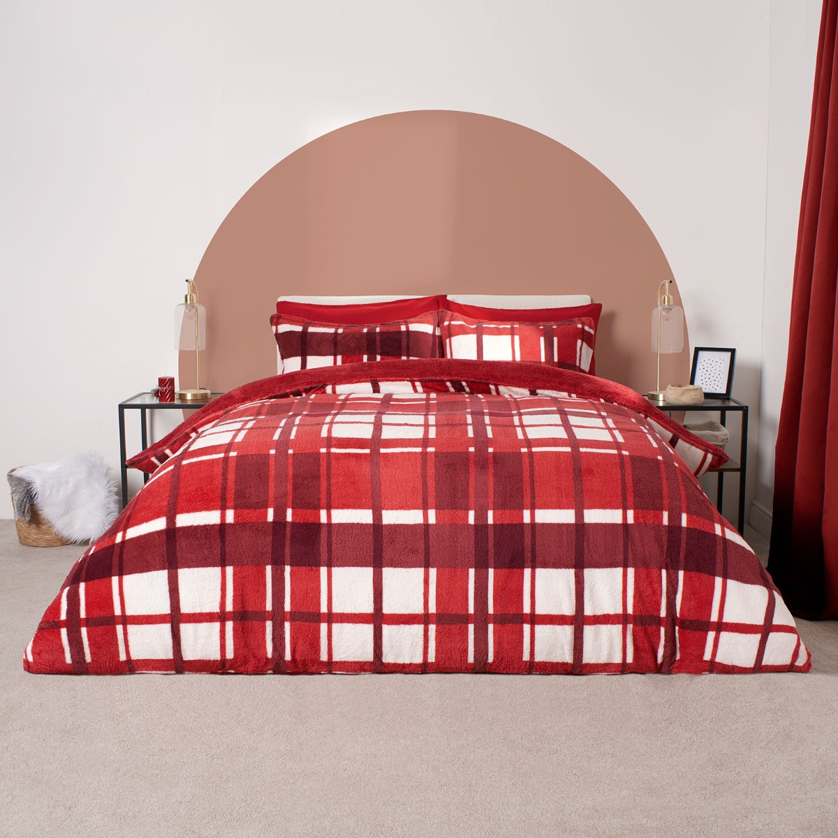 OHS Check Teddy Duvet Set, Red - Single>