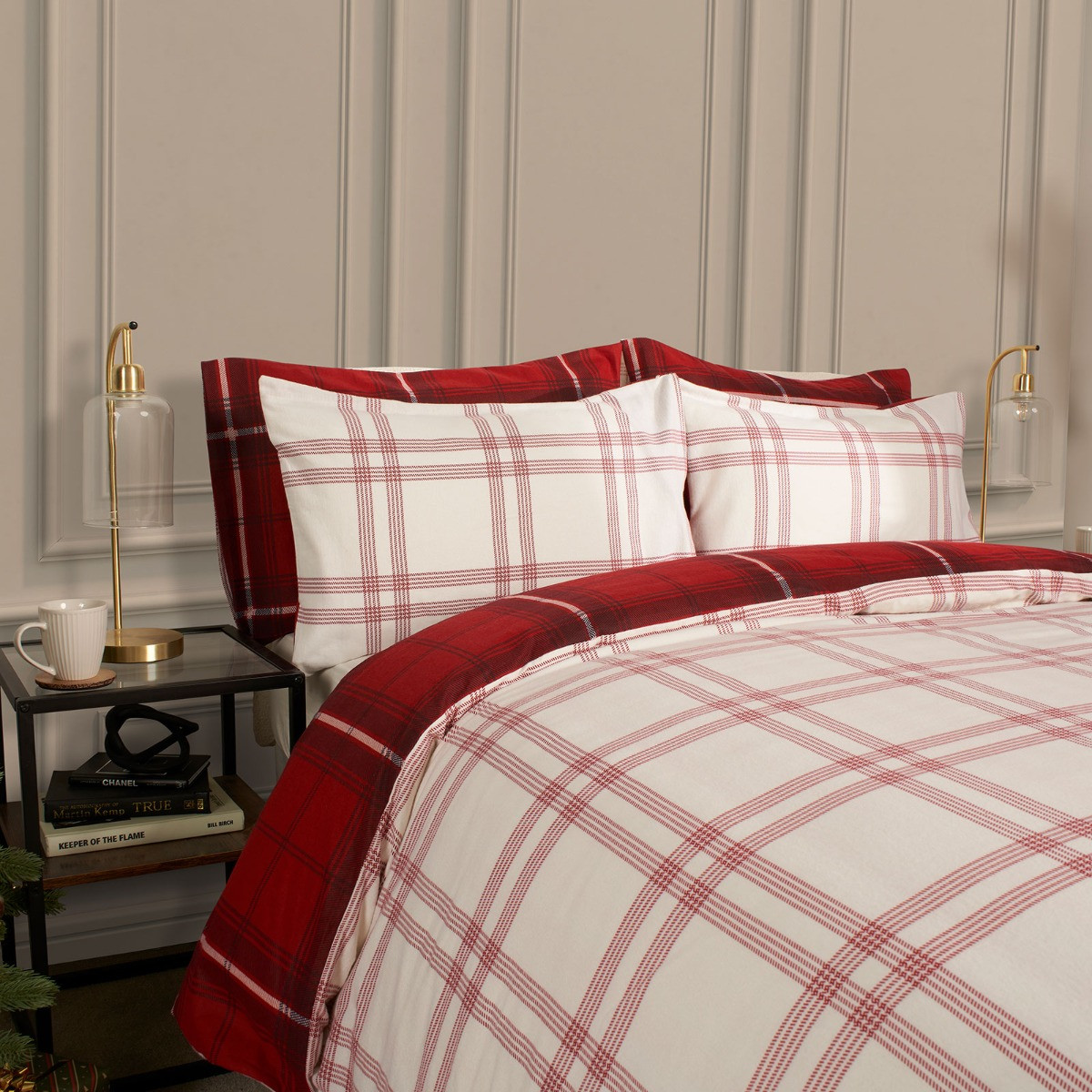 OHS Christmas Check Reversible Duvet Set, Red / White - Super King>