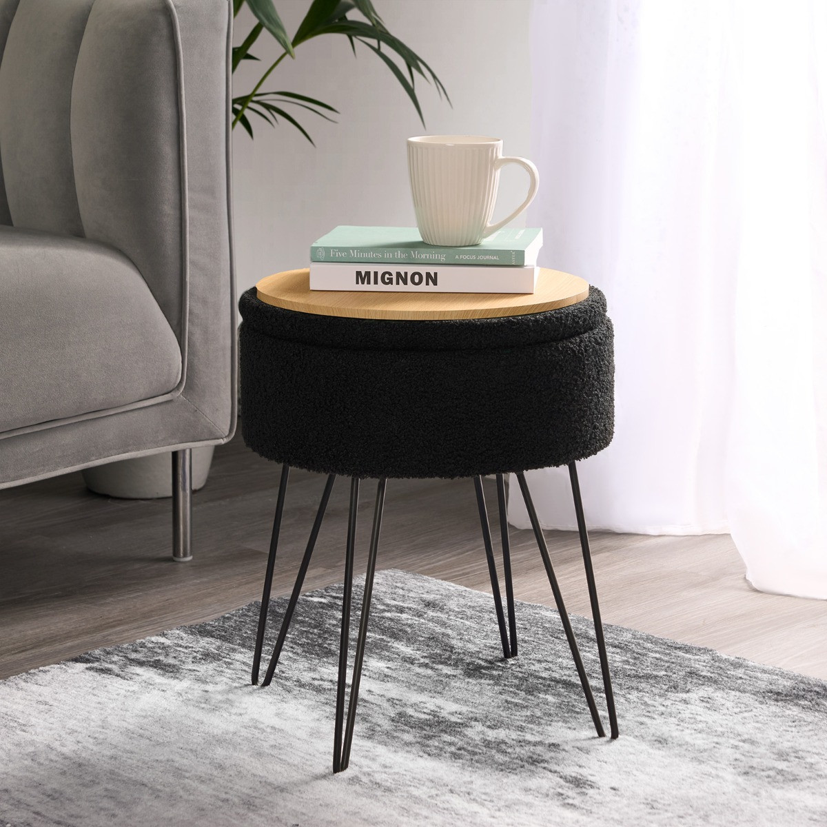 OHS Bouclé Storage Hairpin Stool - Black>