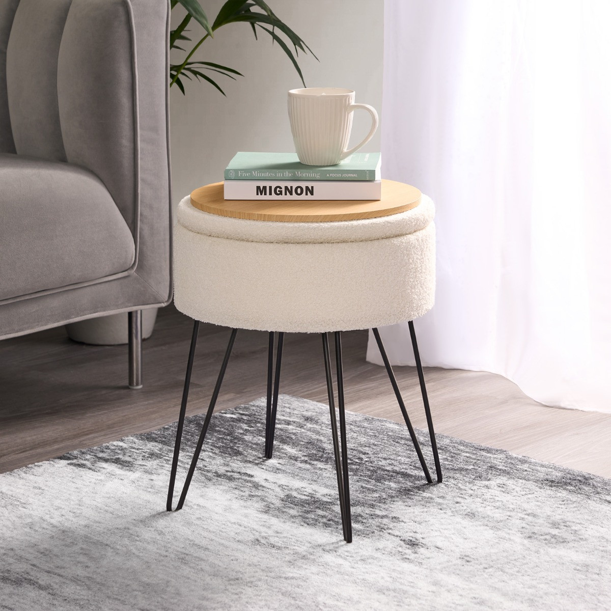 OHS Bouclé Storage Hairpin Stool - Cream>