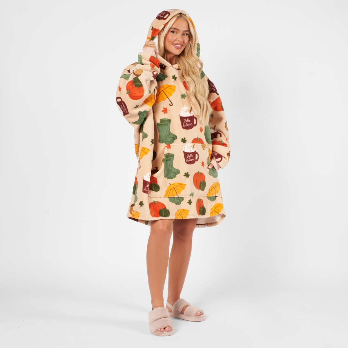 OHS Autumn Print Hoodie Blanket, Adults - Natural Beige>