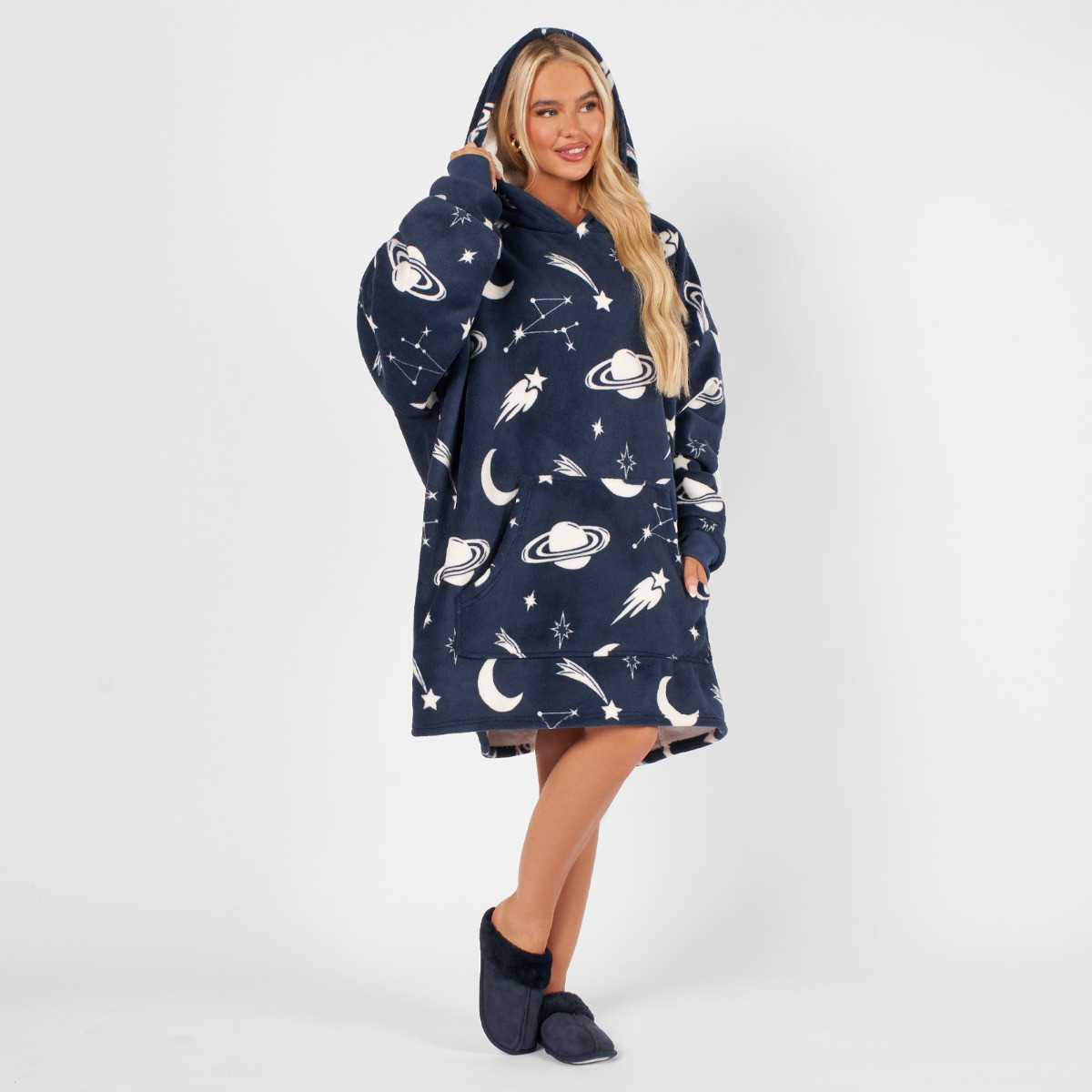 OHS Space Moon Star Print Hoodie Blanket, Adults - Navy>