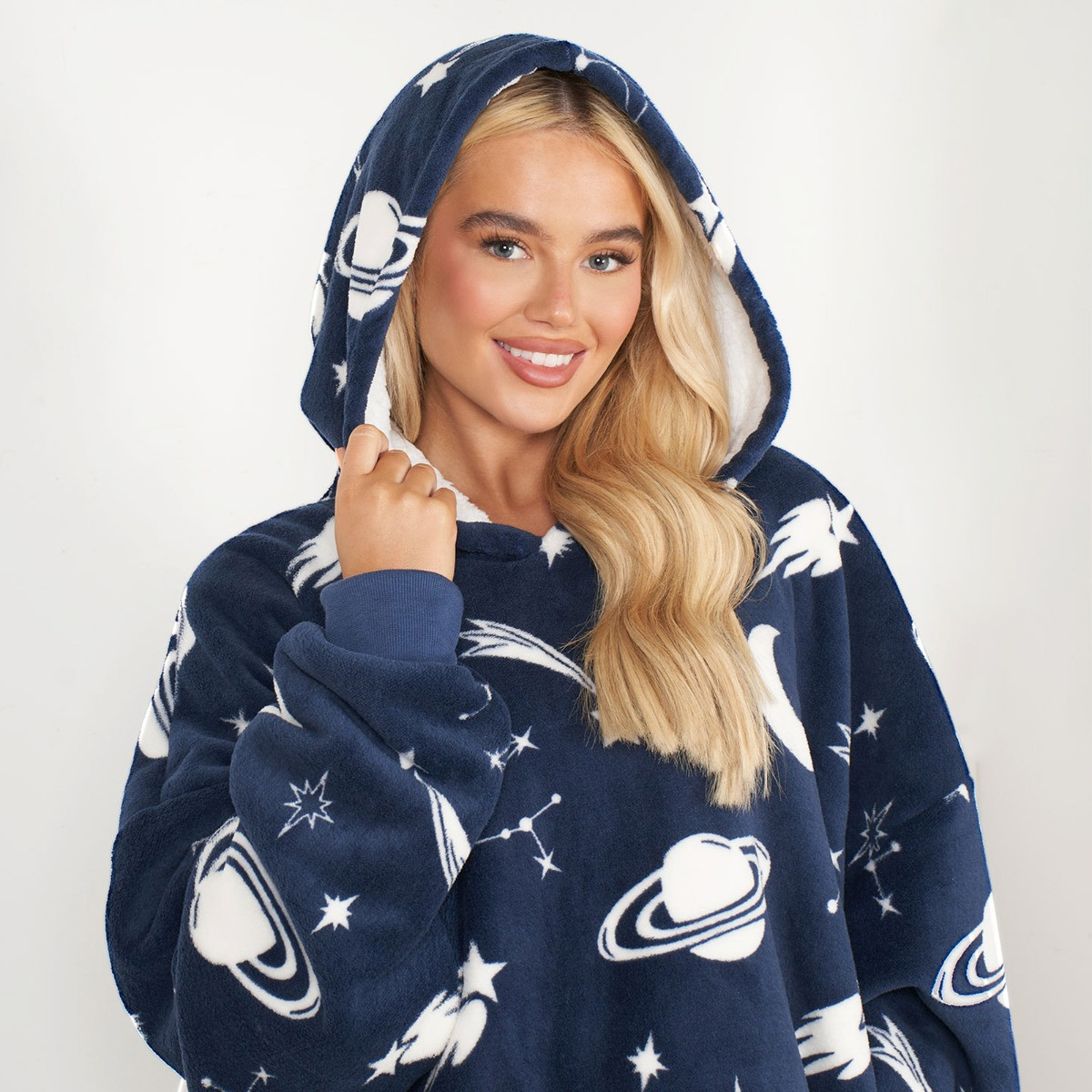 OHS Space Moon Star Print Hoodie Blanket, Adults - Navy>