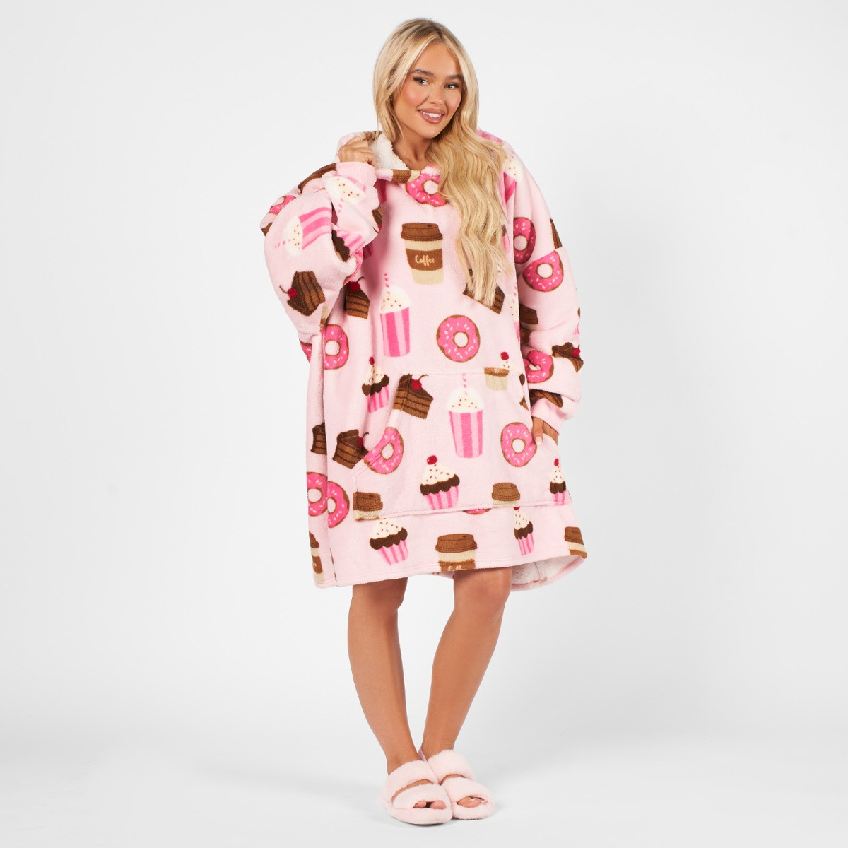 OHS Coffee & Cake Print Hoodie Blanket, Adults - Blush>