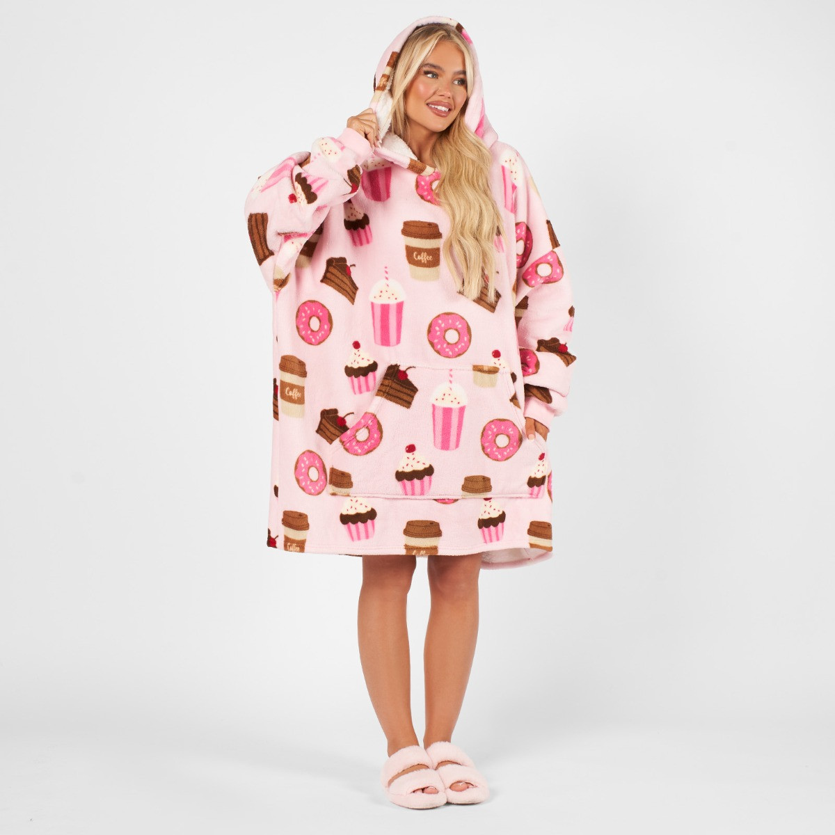 OHS Coffee & Cake Print Hoodie Blanket, Adults - Blush>