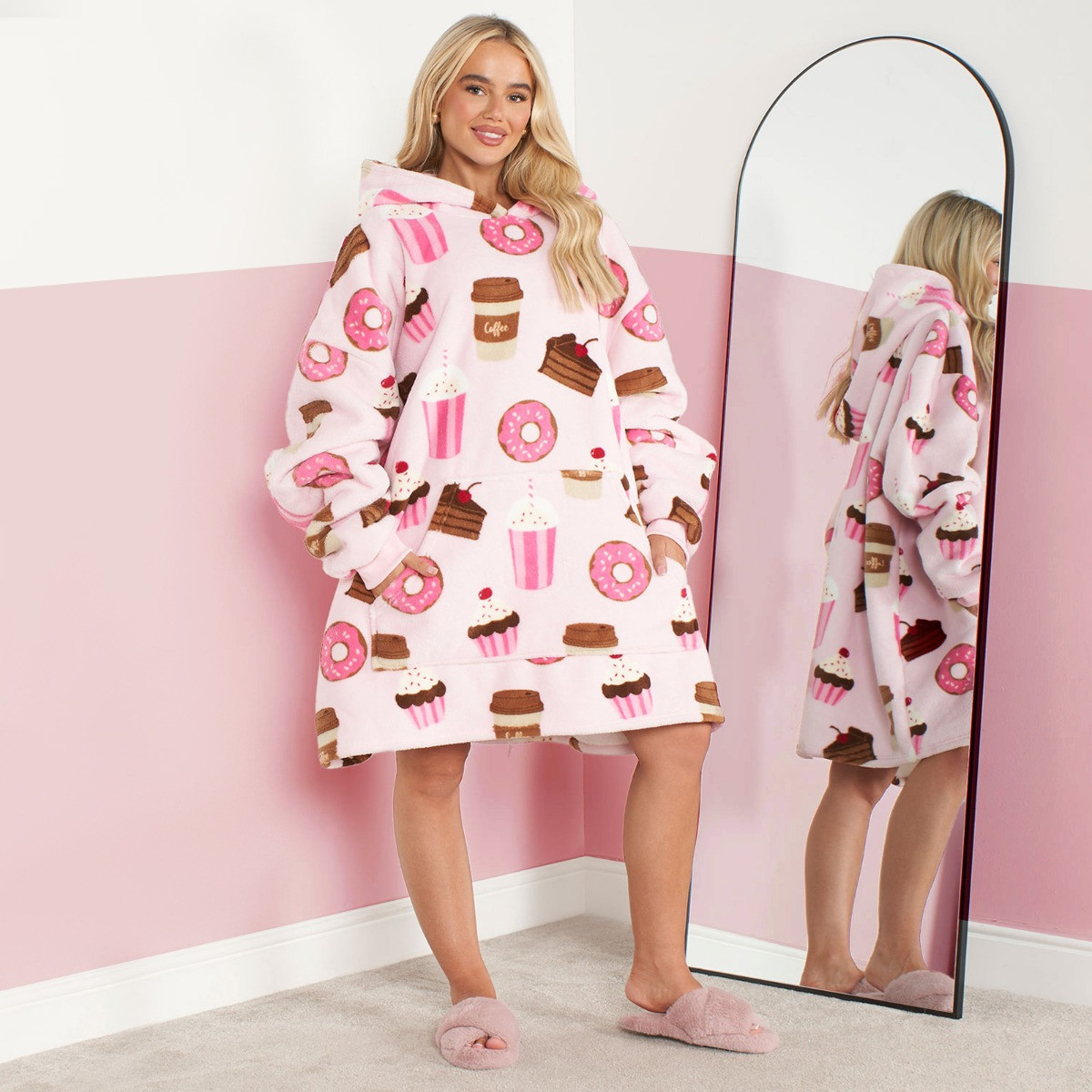 OHS Coffee & Cake Print Hoodie Blanket, Adults - Blush>