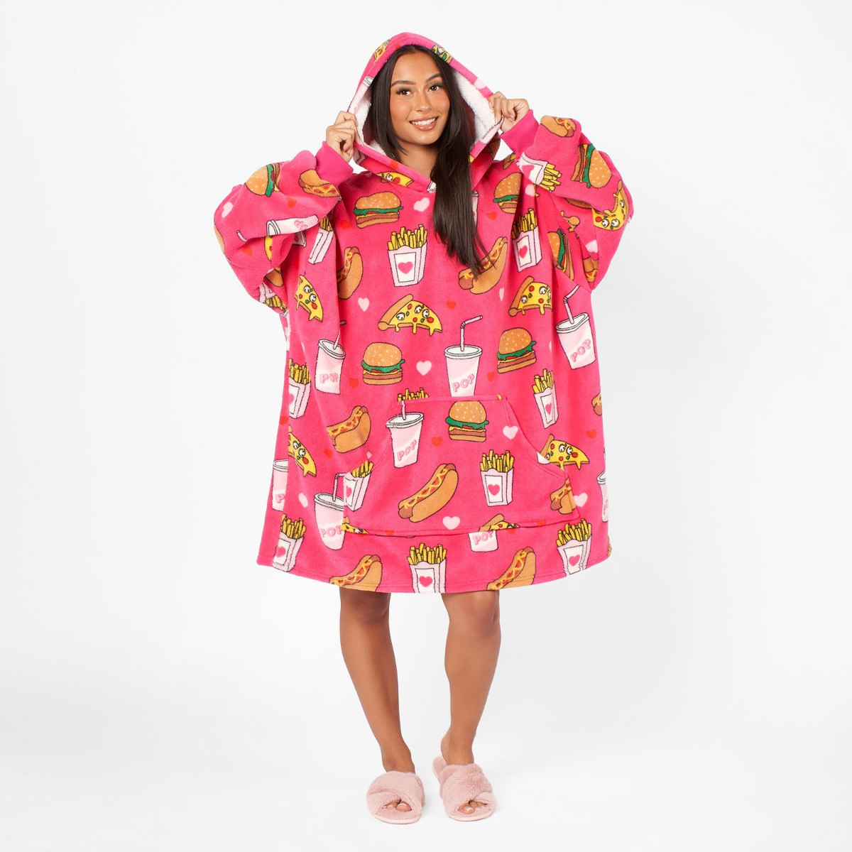 OHS Fast Food Print Hoodie Blanket, Adults - Pink>