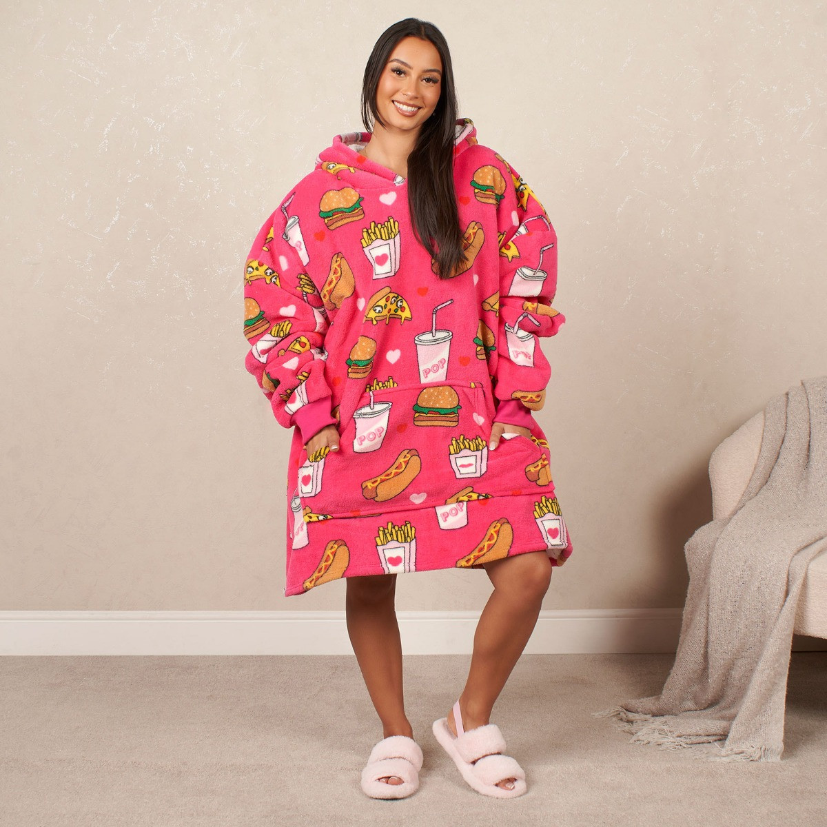 OHS Fast Food Print Hoodie Blanket, Adults - Pink>