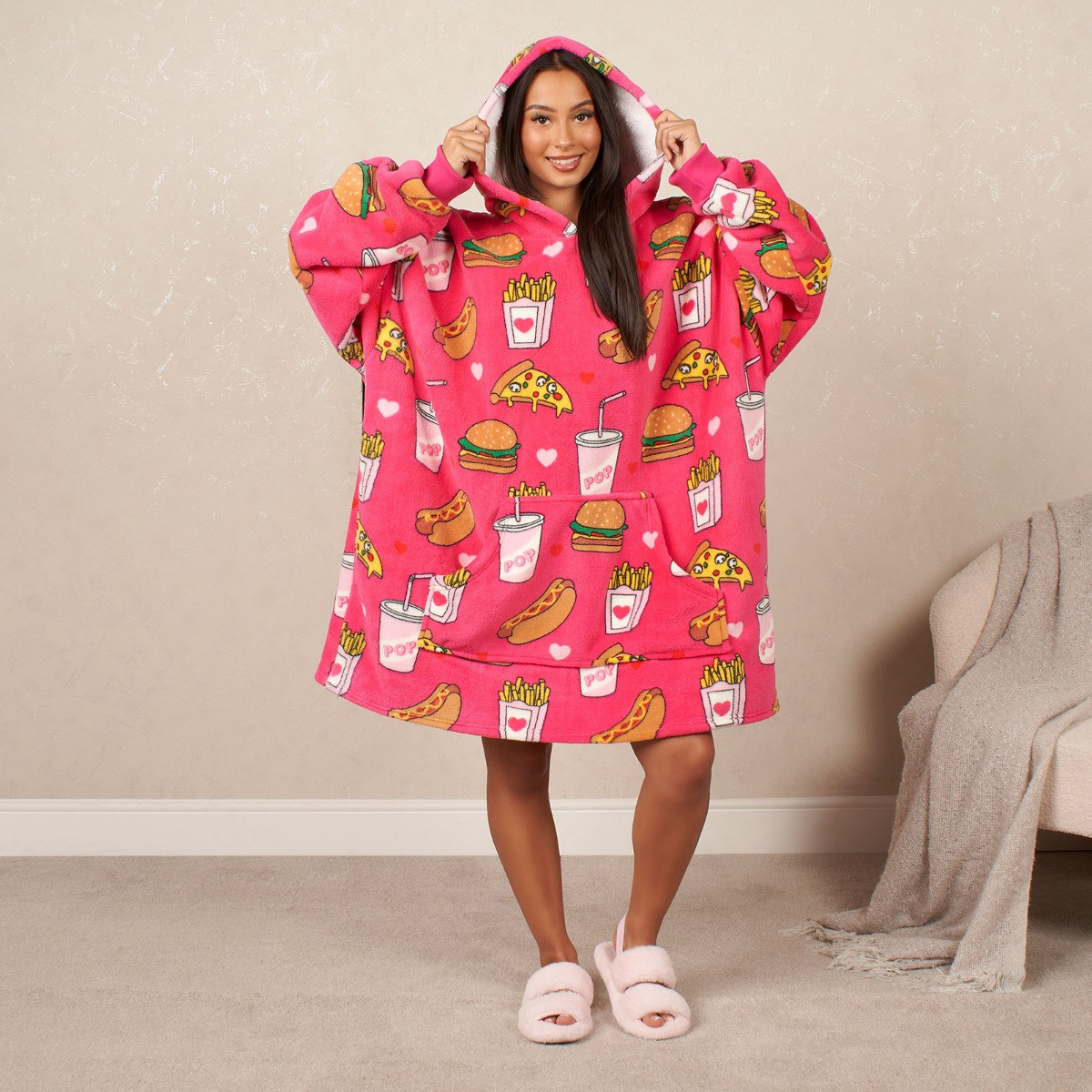 OHS Fast Food Print Hoodie Blanket, Adults - Pink>