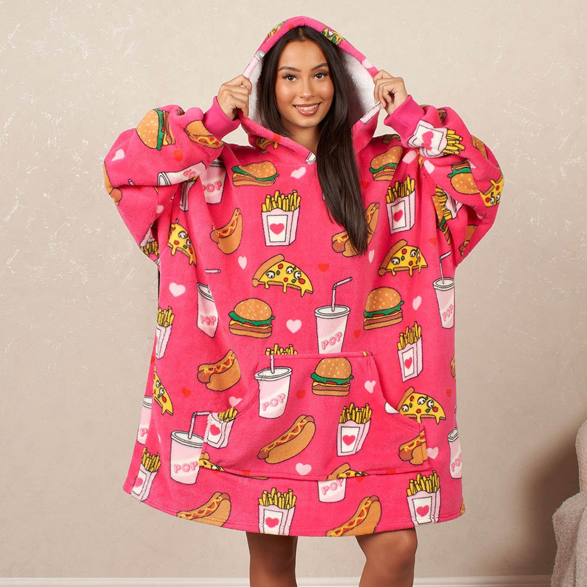 OHS Fast Food Print Hoodie Blanket, Adults - Pink>