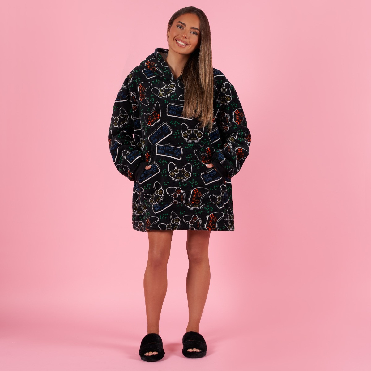 OHS Gaming Print Hoodie Blanket, Petite - Black>