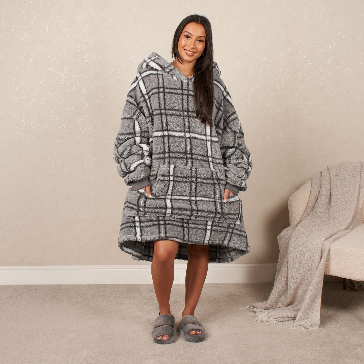 OHS Teddy Check Print Hoodie Blanket, Adults - Charcoal>