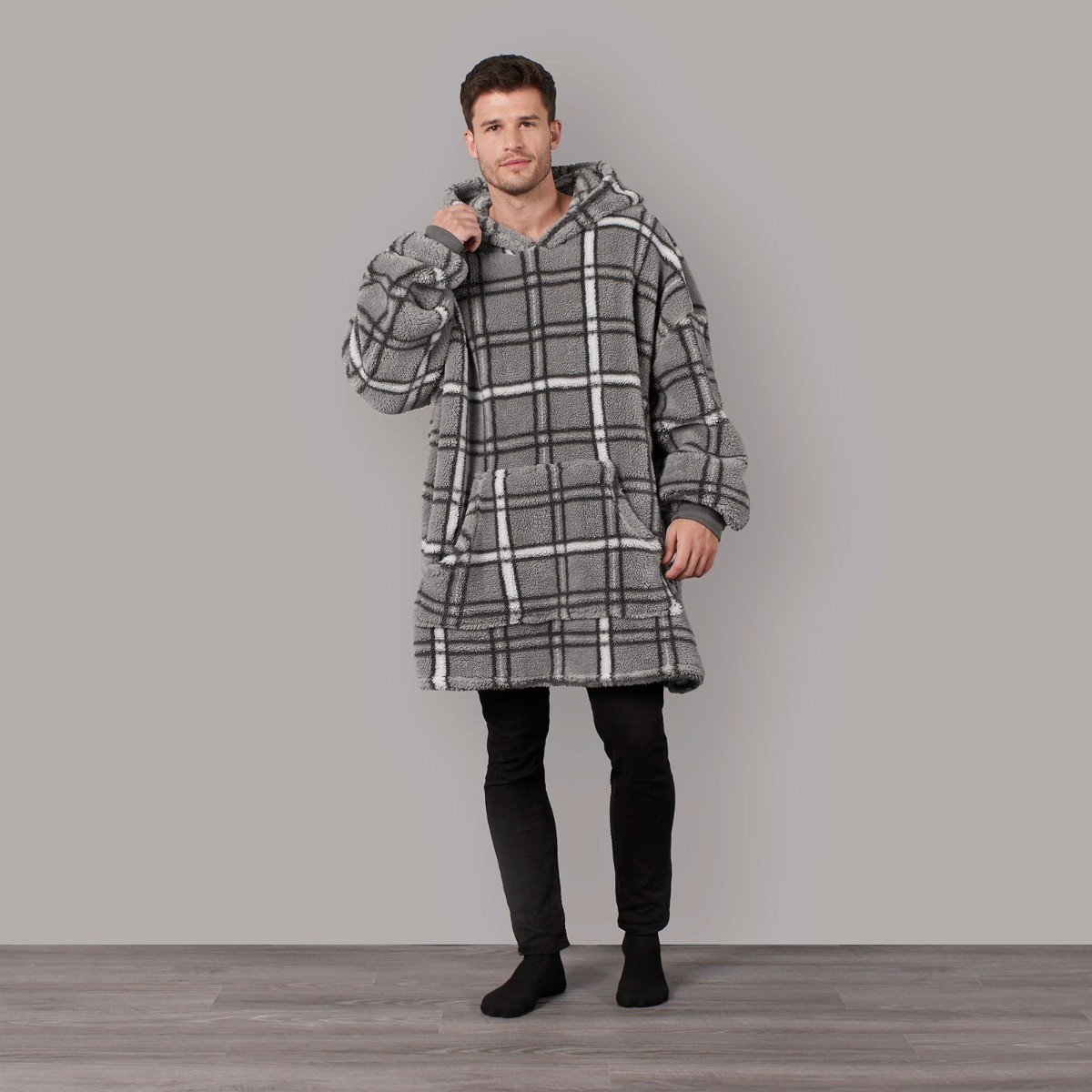 OHS Teddy Check Print Hoodie Blanket, Adults - Charcoal>