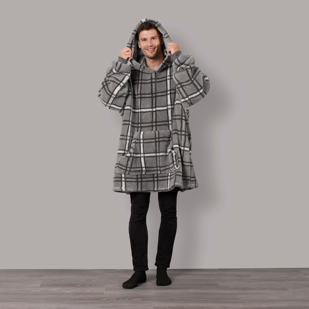 OHS Teddy Check Print Hoodie Blanket, Adults - Charcoal>