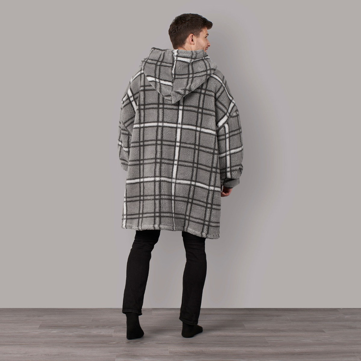 OHS Teddy Check Print Hoodie Blanket, Adults - Charcoal>