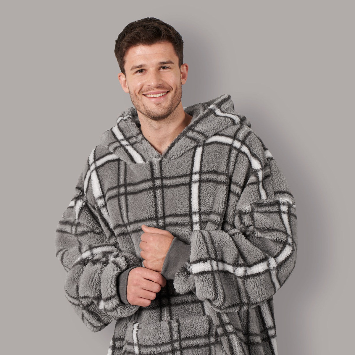 OHS Teddy Check Print Hoodie Blanket, Adults - Charcoal>