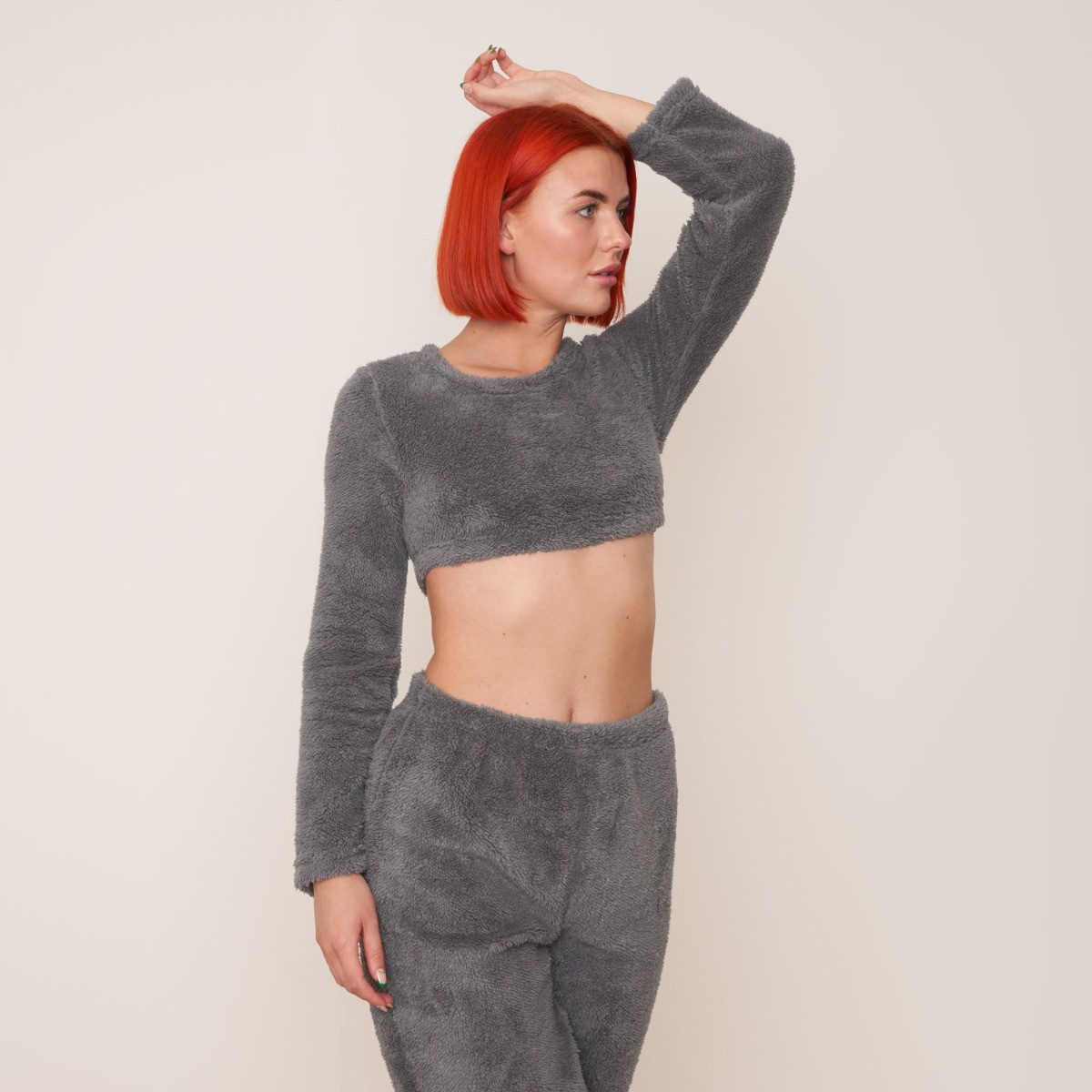 OHS Teddy Fleece Long Sleeve Crop Top, Grey - UK 6-8>