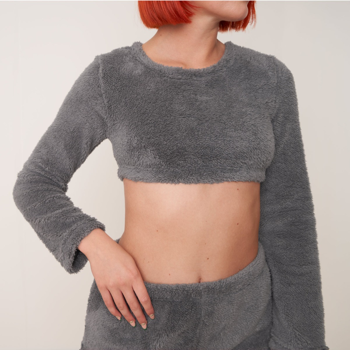 OHS Teddy Fleece Long Sleeve Crop Top, Grey - UK 6-8>