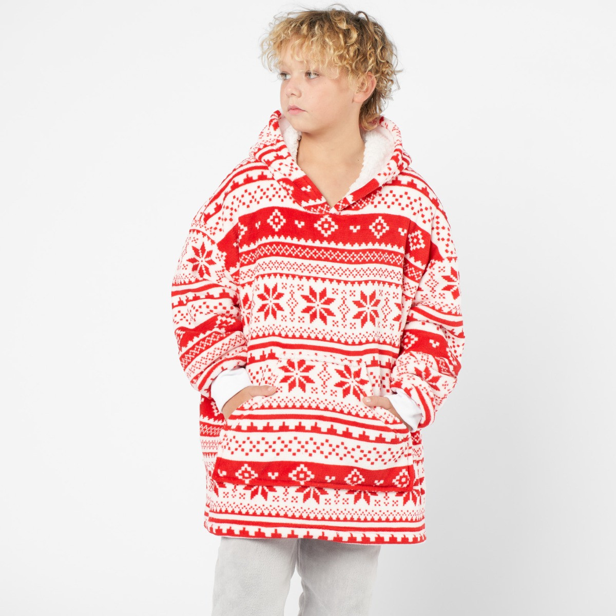 OHS Kids Christmas Nordic Print Hoodie Blanket - Red >