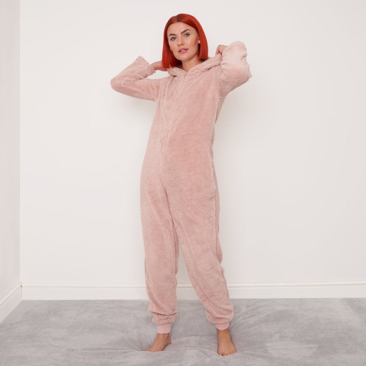 OHS Teddy Fleece Onesie Jumpsuit, Blush - Small>