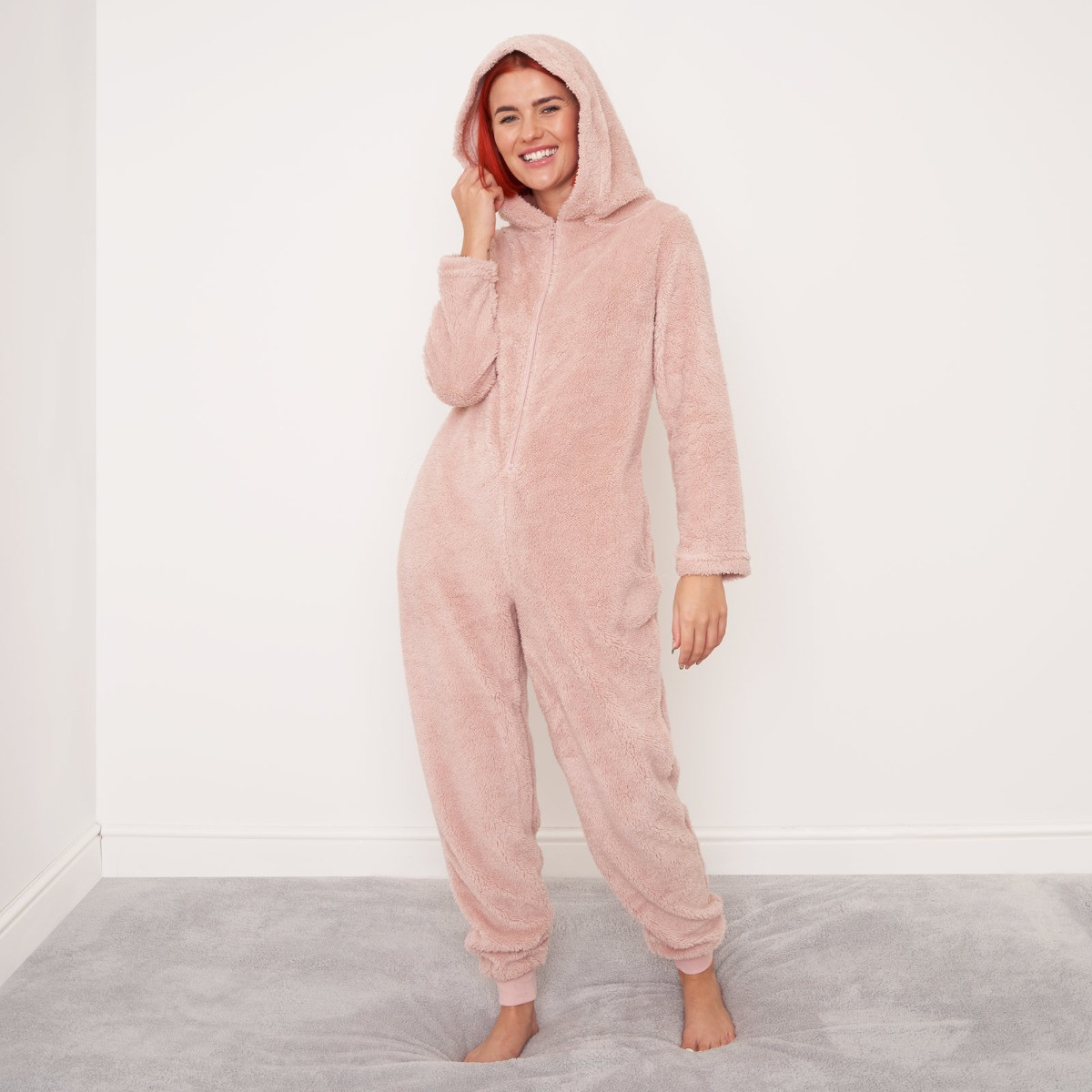 OHS Teddy Fleece Onesie Jumpsuit, Blush - Small>