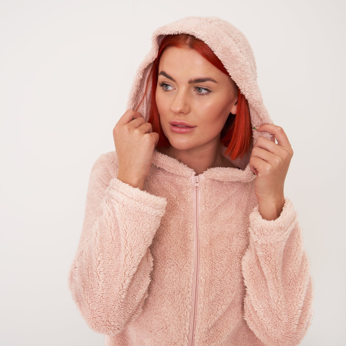 OHS Teddy Fleece Onesie Jumpsuit, Blush - Small>