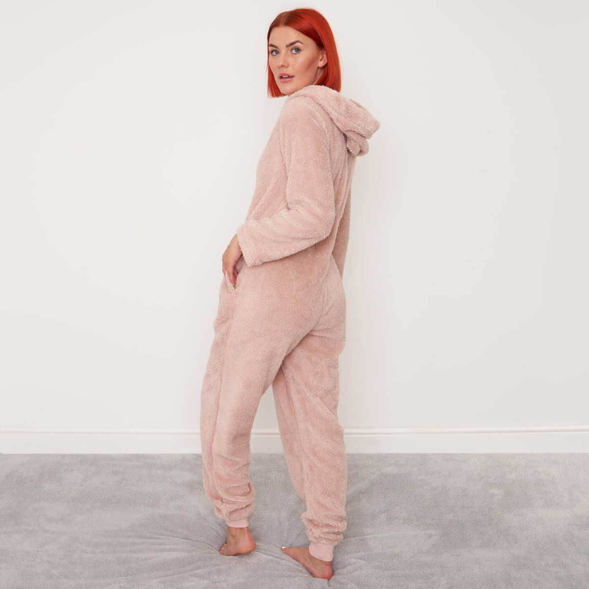 OHS Teddy Fleece Onesie Jumpsuit, Blush - Small>