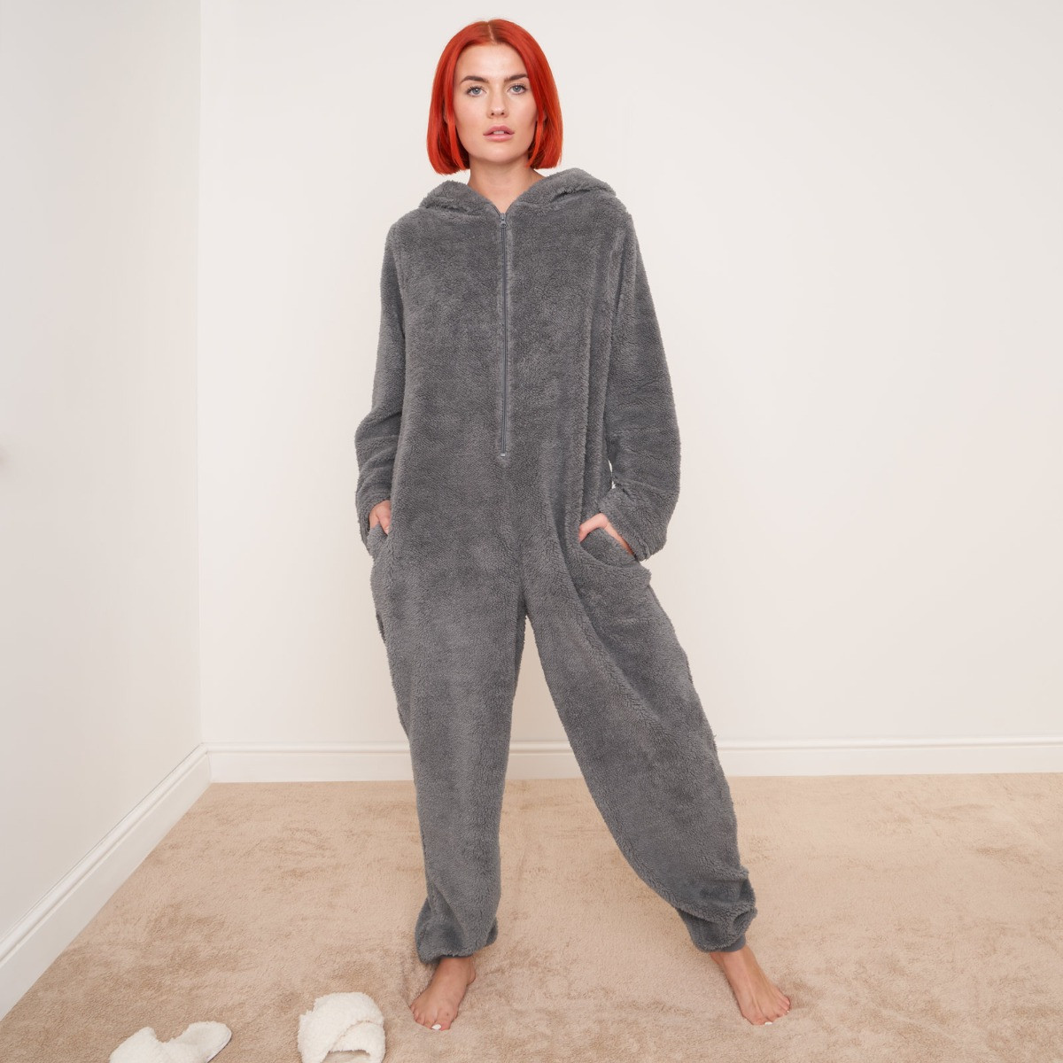 OHS Teddy Fleece Onesie Jumpsuit, Grey - Small>