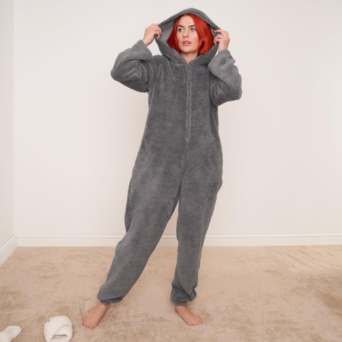 OHS Teddy Fleece Onesie Jumpsuit, Grey - Small>