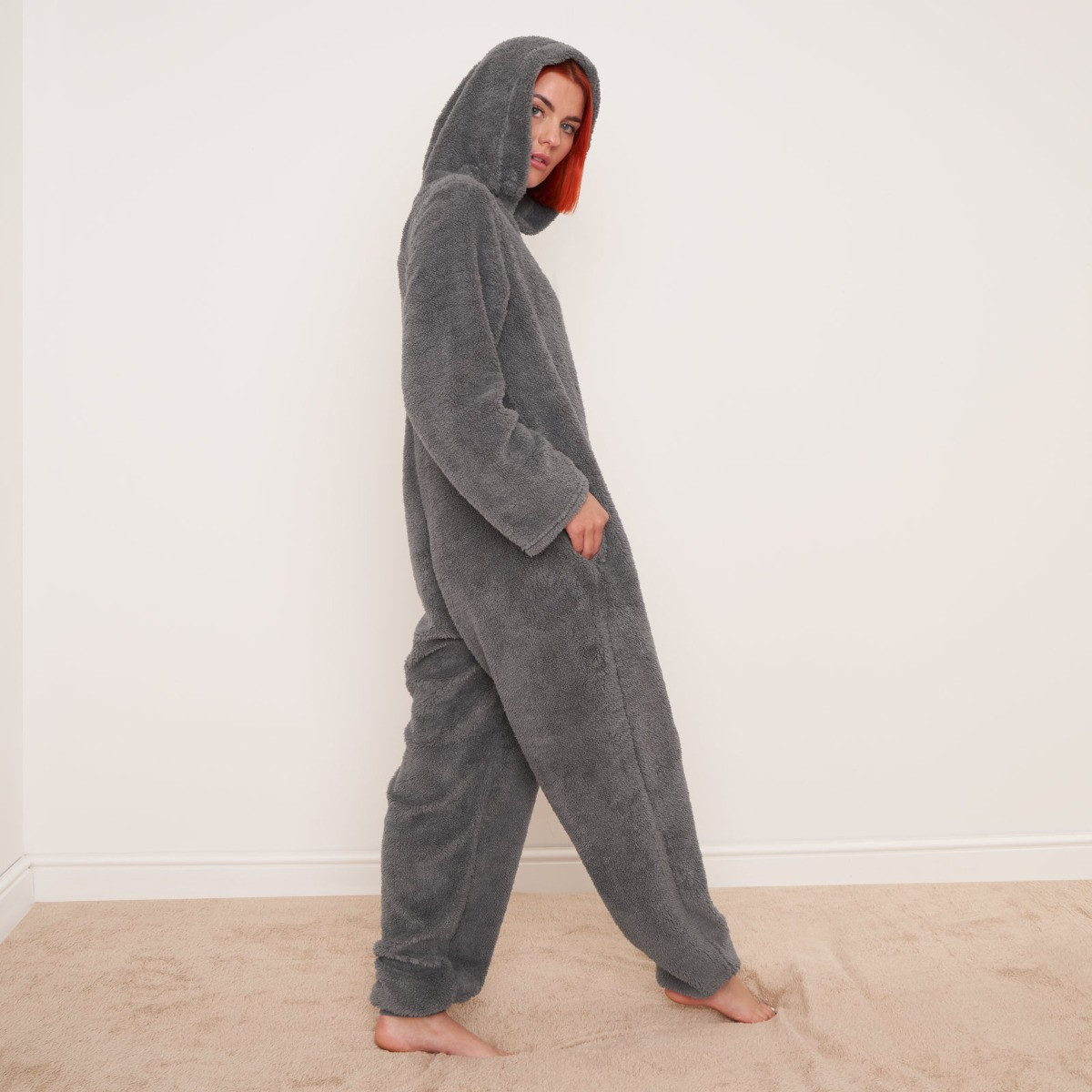 OHS Teddy Fleece Onesie Jumpsuit, Grey - Small>