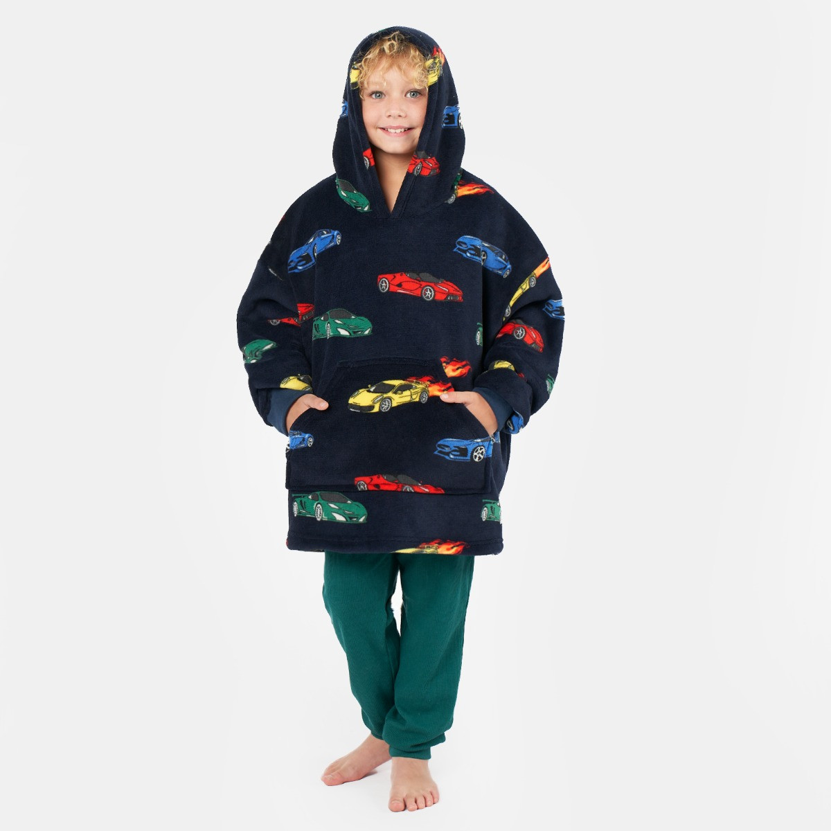 OHS Kids Car Race Print Hoodie Blanket - Navy>