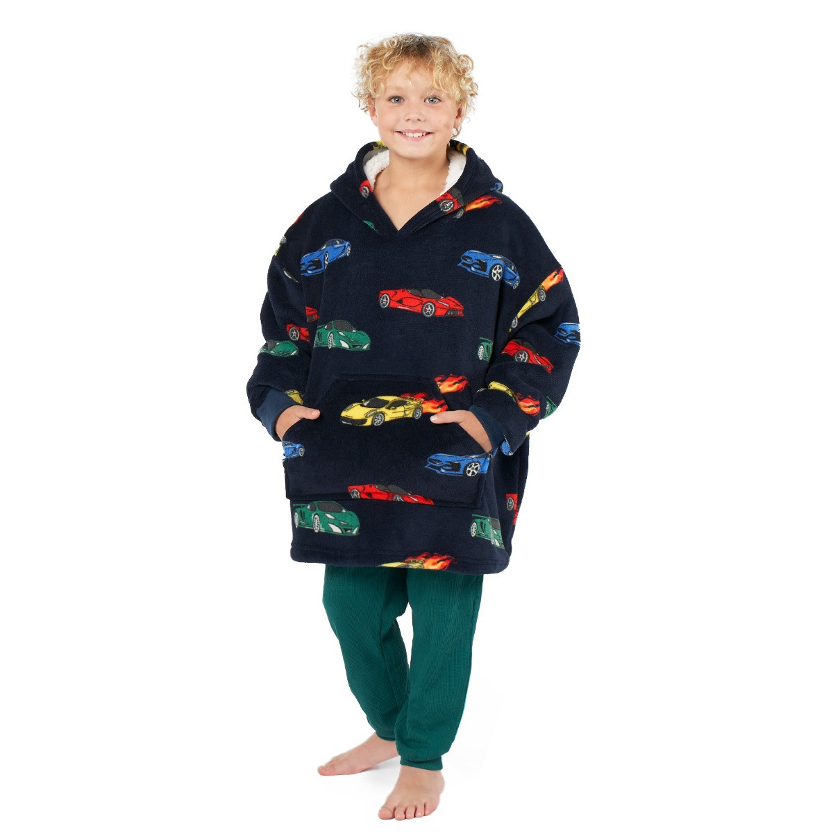 OHS Kids Car Race Print Hoodie Blanket - Navy>