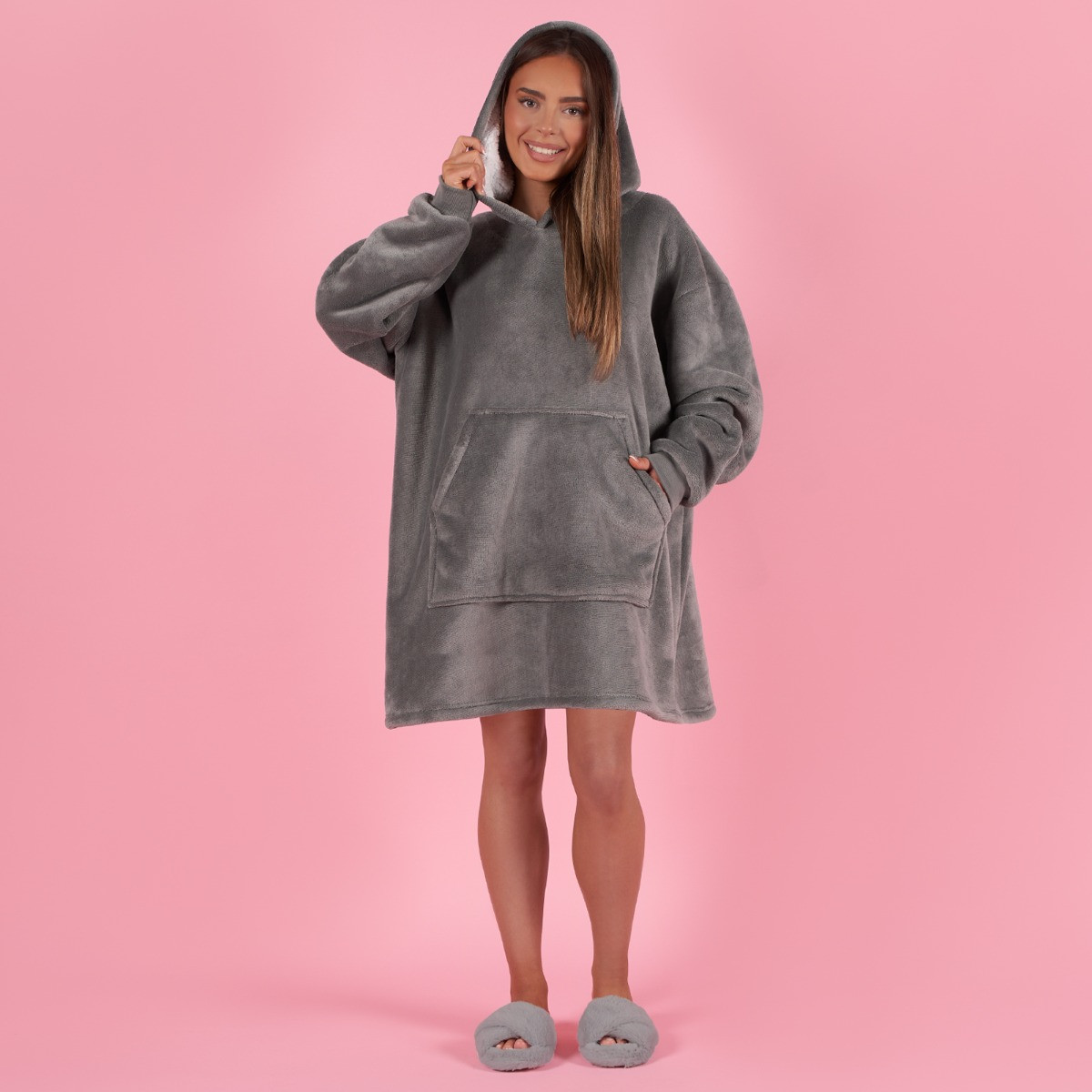 OHS Sherpa Fleece Hoodie Blanket, Petite - Charcoal>