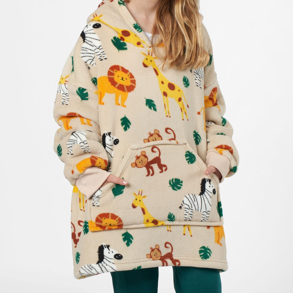 OHS Safari Print Hoodie Blanket, Beige - Kids>