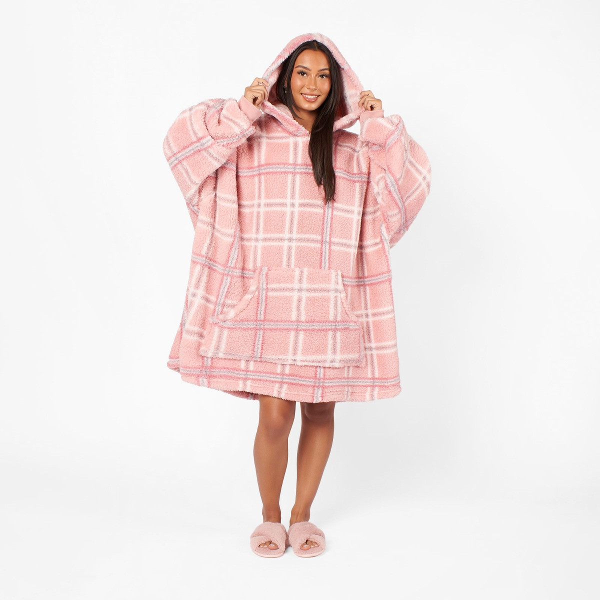 OHS Teddy Check Print Hoodie Blanket, Adults - Blush>