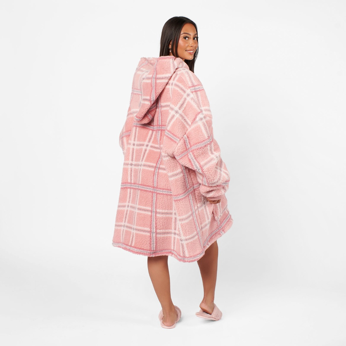 OHS Teddy Check Print Hoodie Blanket, Adults - Blush>