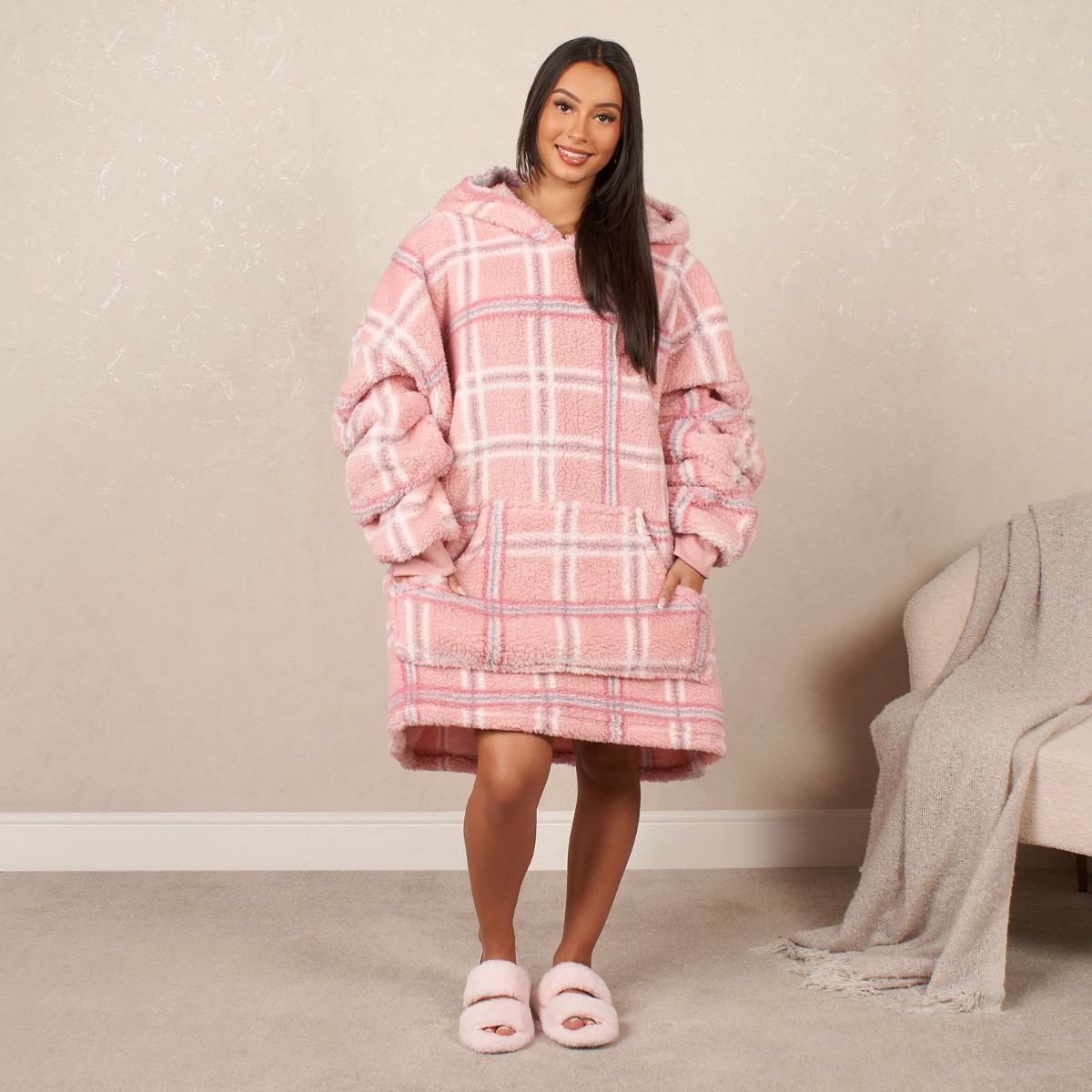 OHS Teddy Check Print Hoodie Blanket, Adults - Blush>