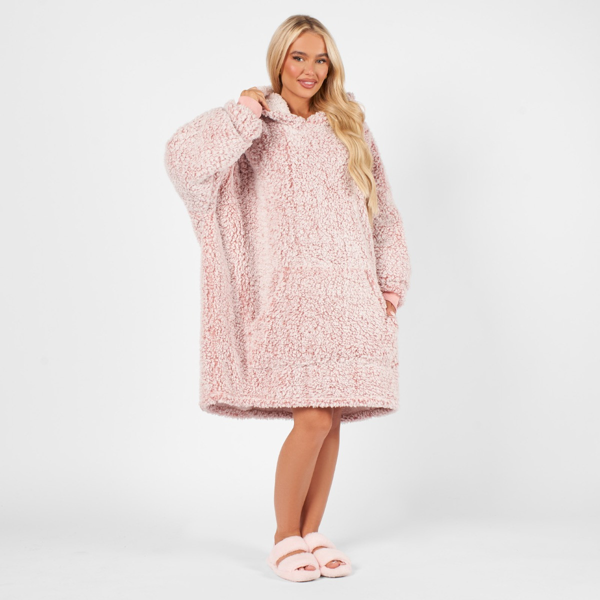 OHS Adults Teddy Marl Hoodie Blanket - Blush >