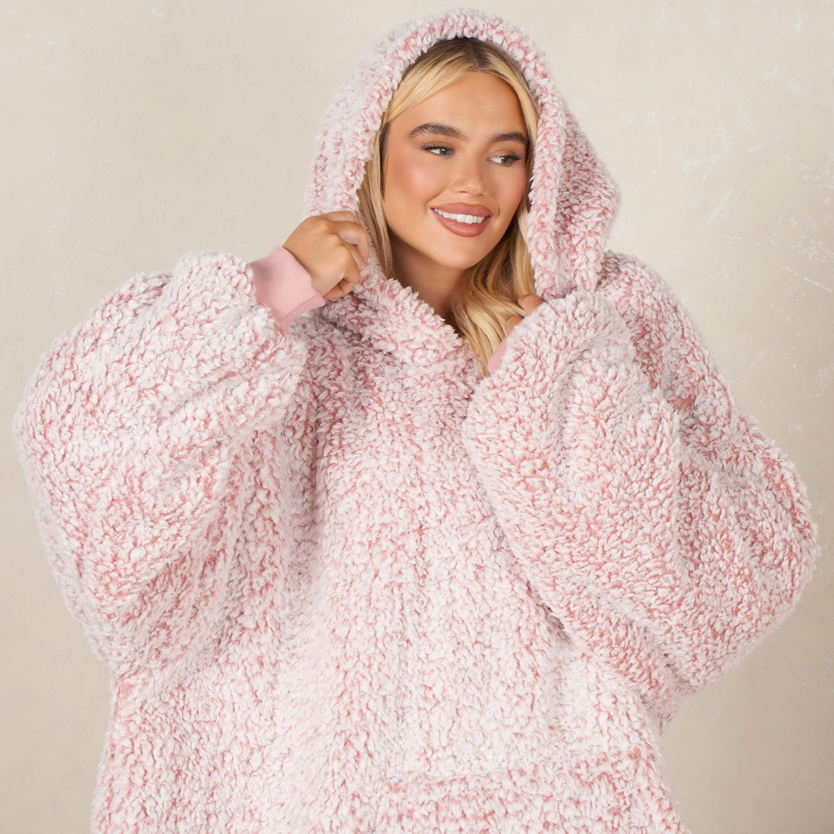 OHS Adults Teddy Marl Hoodie Blanket - Blush >