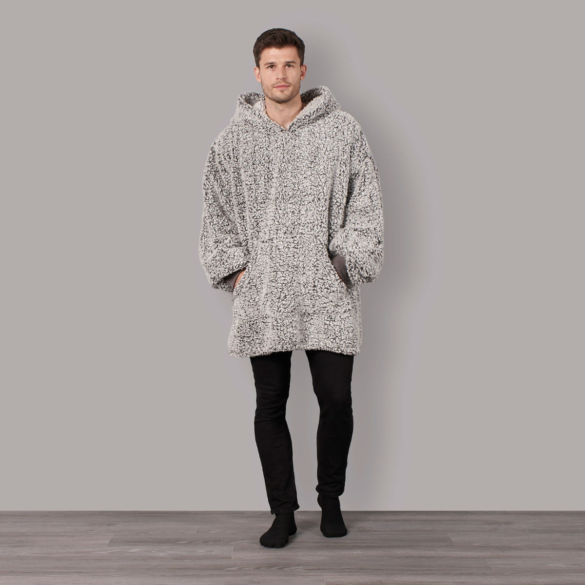 OHS Adults Teddy Marl Hoodie Blanket - Charcoal>