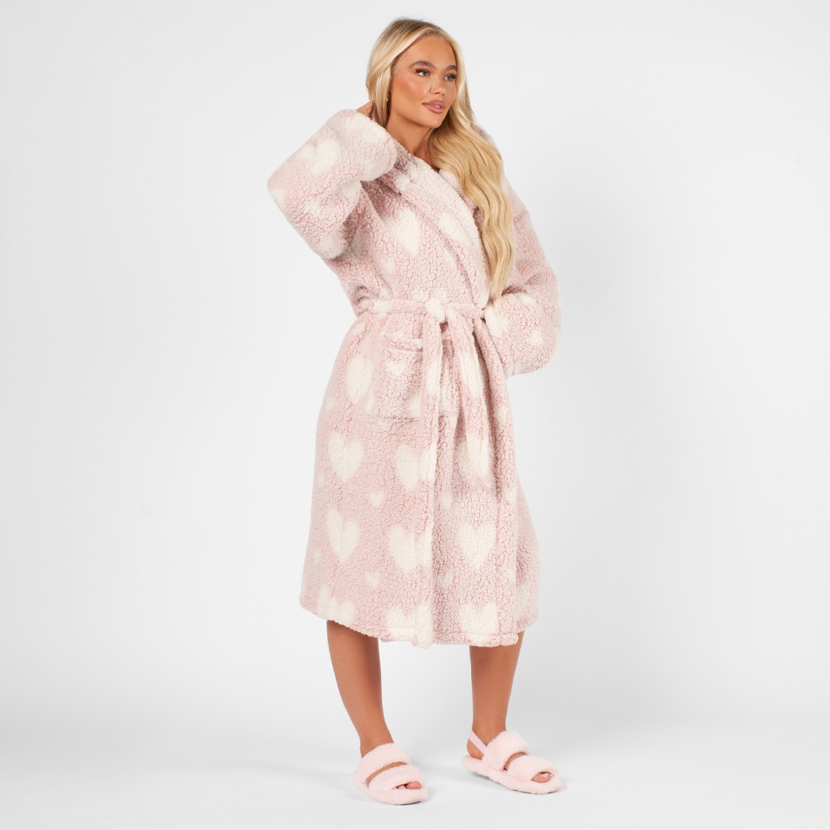 OHS Teddy Marl Heart Print Dressing Gown - Blush>