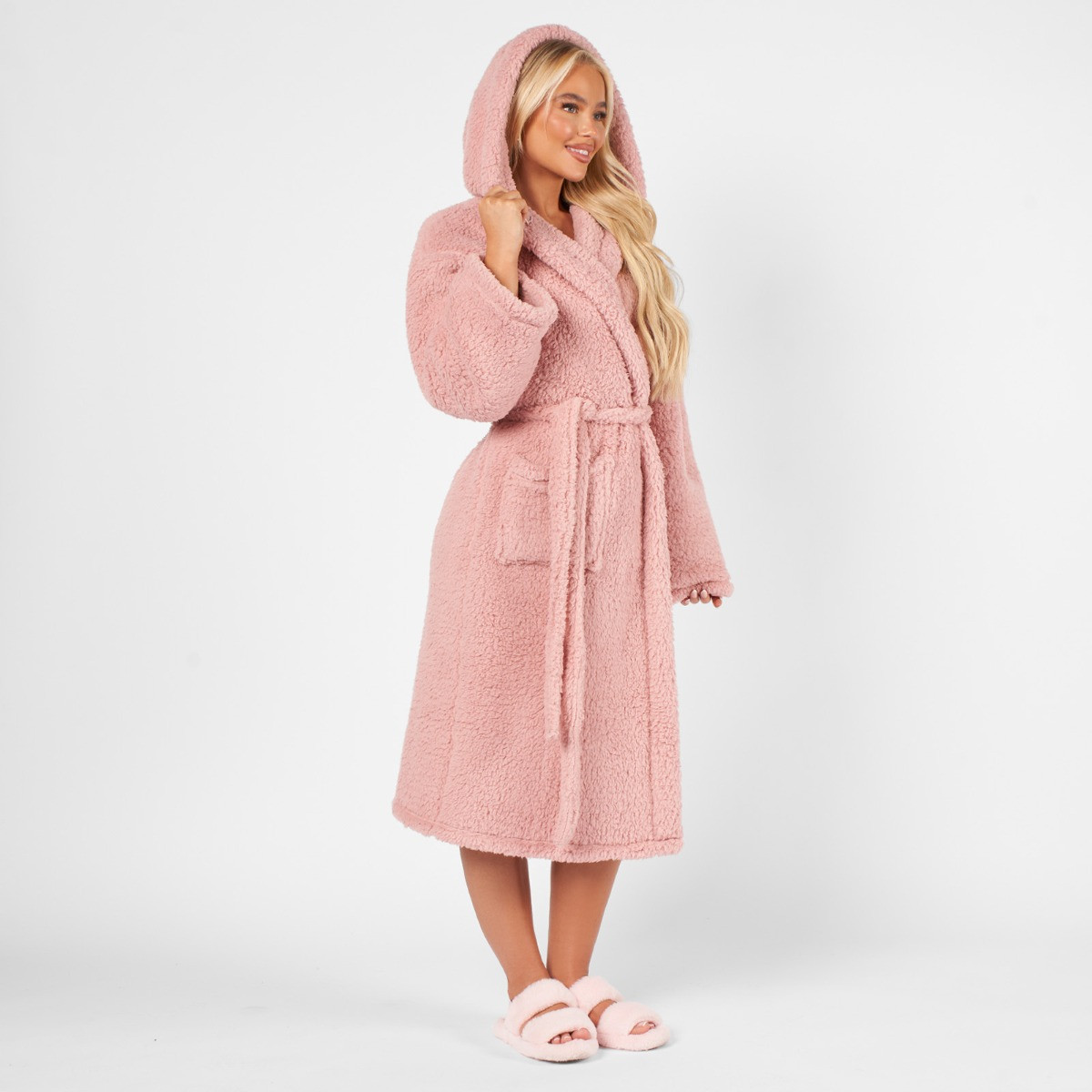 Pink fluffy dressing gown with hood best sale