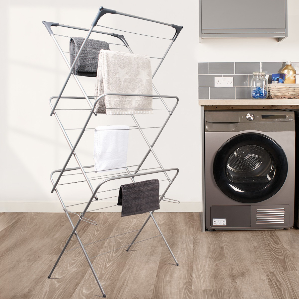 OHS 3 Tier Foldable Clothes Airer, Grey - 15M>