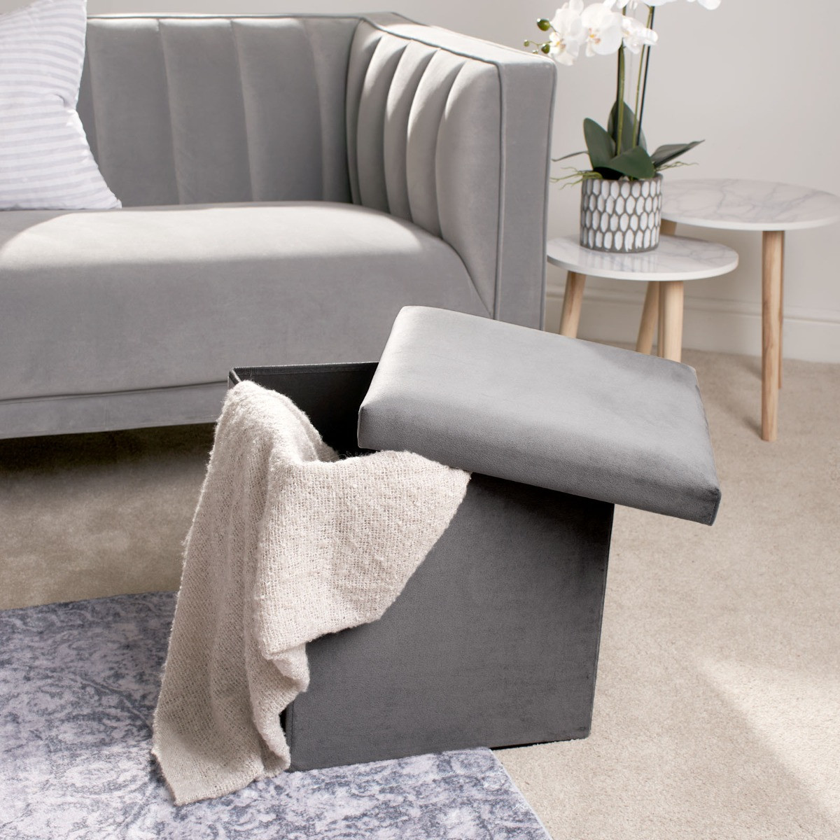 OHS Matte Velvet Cube Storage Ottoman - Charcoal>