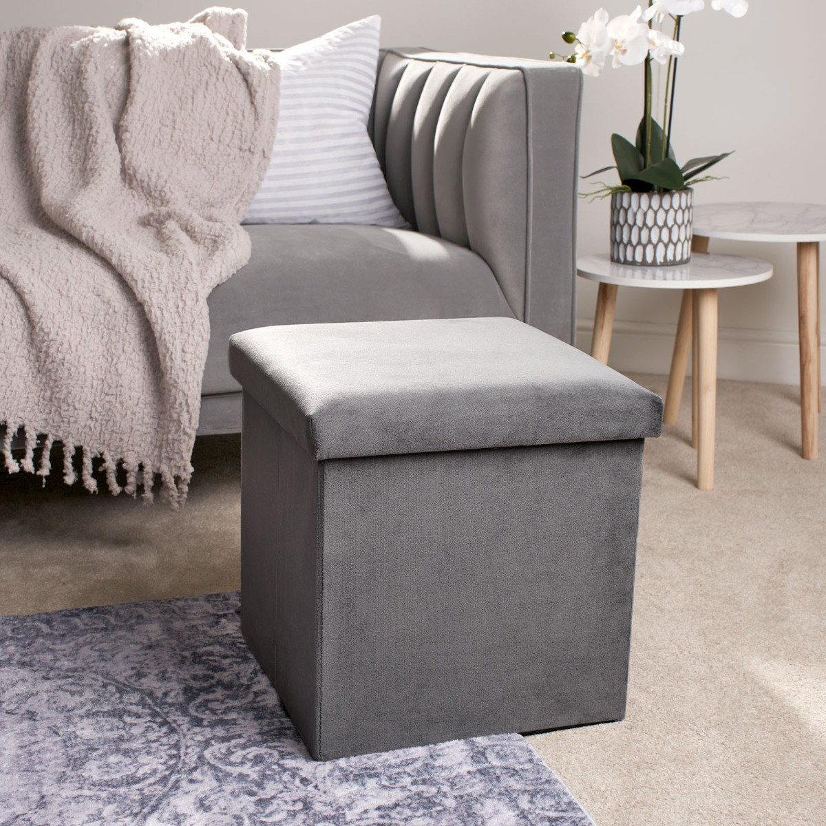 OHS Matte Velvet Cube Storage Ottoman - Charcoal>