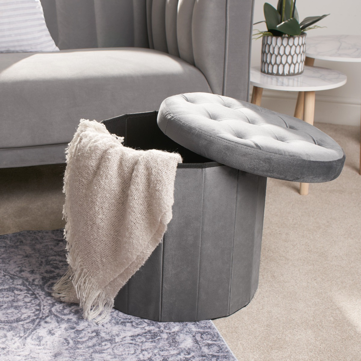 OHS Matte Velvet Round Storage Ottoman - Charcoal>