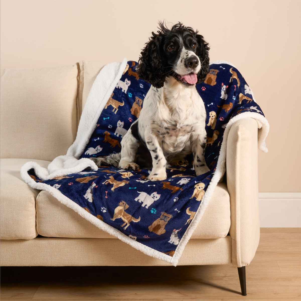 OHS Pet Dog Print Sherpa Reverse Throw Navy