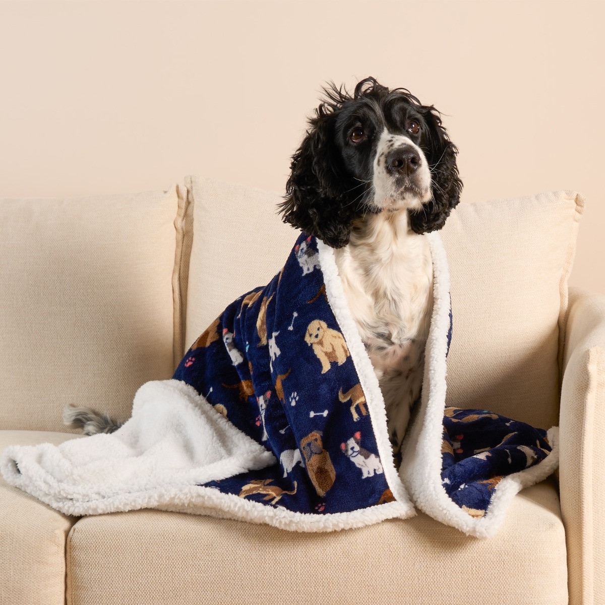 OHS Pet Dog Print Sherpa Reverse Throw Navy